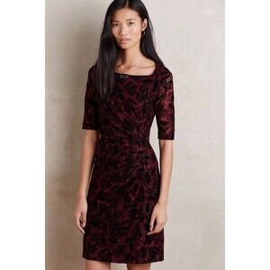 Anthropologie Maeve Elorn Dress Date Night Floral Lace Red Flocked Sheath Dress